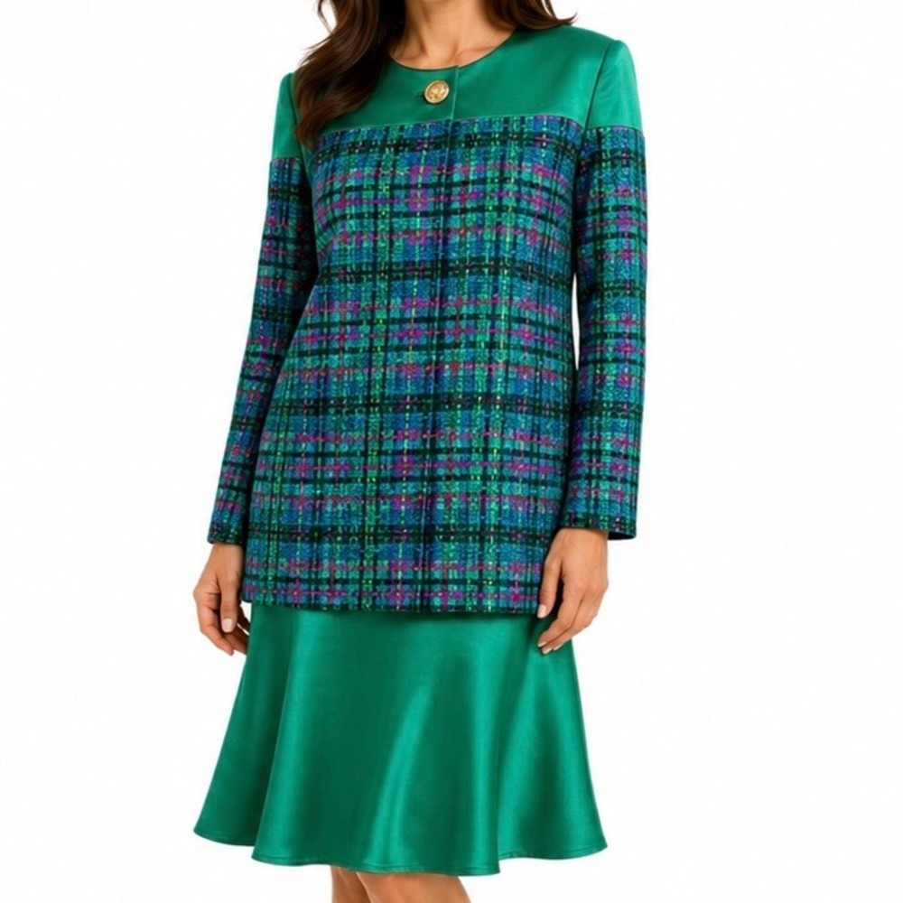 Vintage 2-Piece Skirt & Top Satin Green Plaid Colorful Large